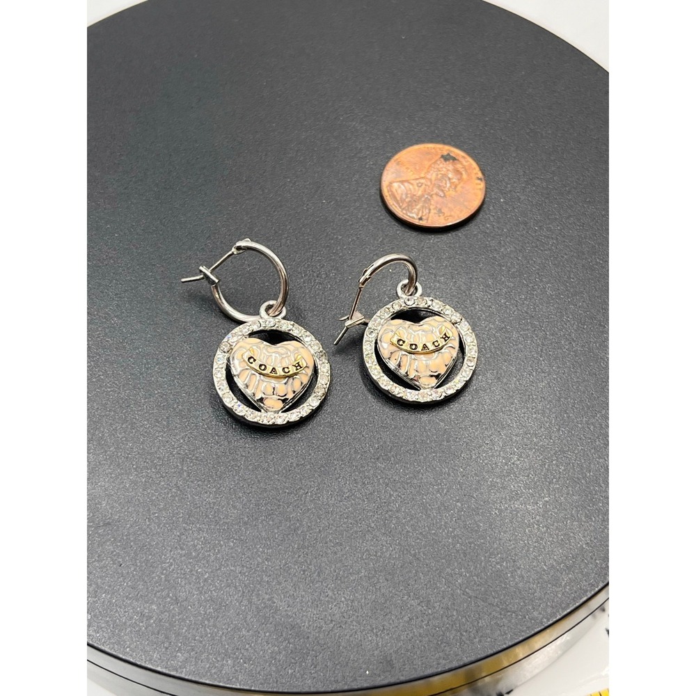 Coach Cream Enamel Logo C's Branded Heart Small Hoop Dangle Earrings - Picture 8 of 8